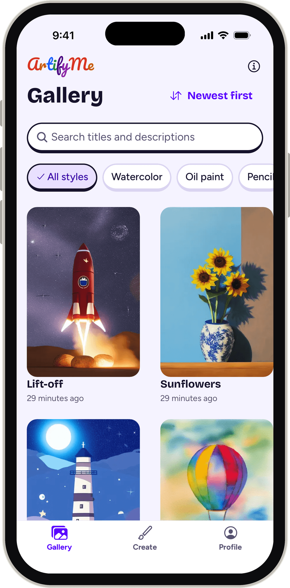 ArtifyMe screens